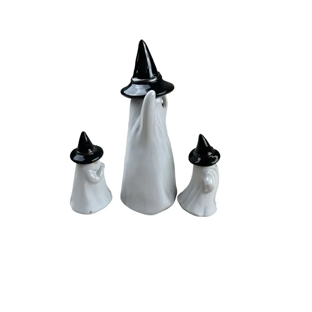 Set of 3 Halloween Ceramic Ghost Witch Hat Light Up Glowing Eyes Figurines